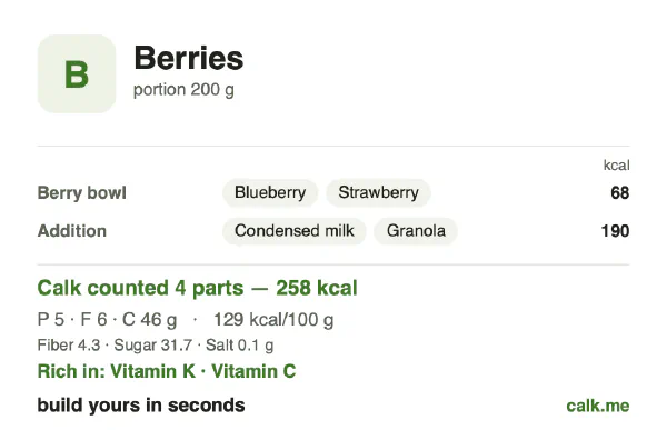 Higher calorie Calk card for Berries: 129 kcal per 100 g, protein/fat/carbs 8/21/71