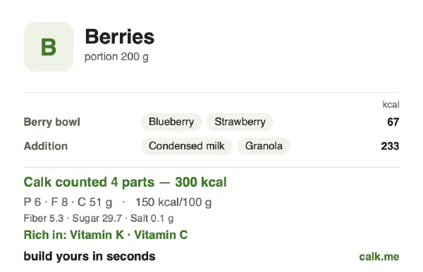 Higher calorie Calk card for Berries: 150 kcal per 100 g, protein/fat/carbs 8/25/67