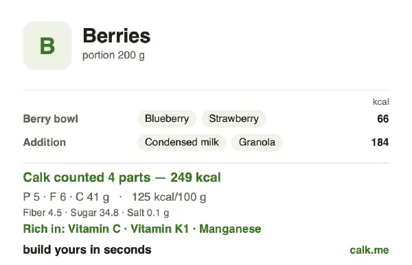 Higher calorie Calk card for Berries: 125 kcal per 100 g, protein/fat/carbs 9/22/69