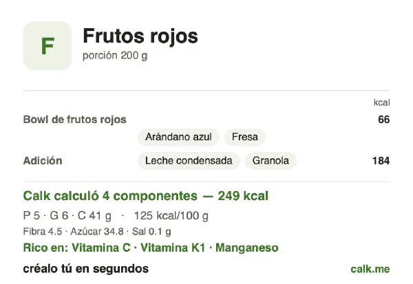 Tarjeta de Calk, versión más calórica de Frutos rojos: 125 kcal por 100 g, proteínas/grasas/carbohidratos 9/22/69