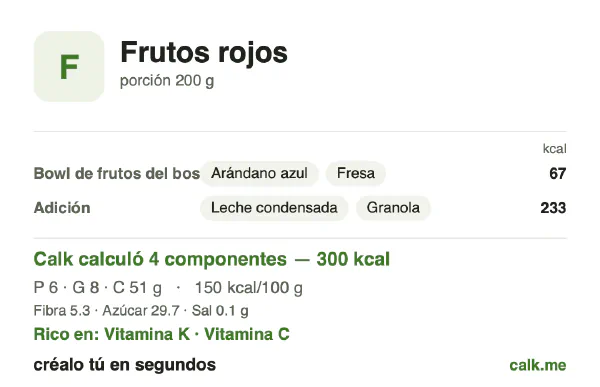 Tarjeta de Calk, versión más calórica de Frutos rojos: 150 kcal por 100 g, proteínas/grasas/carbohidratos 8/25/67