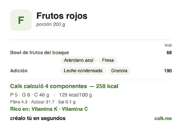 Tarjeta de Calk, versión más calórica de Frutos rojos: 129 kcal por 100 g, proteínas/grasas/carbohidratos 8/21/71