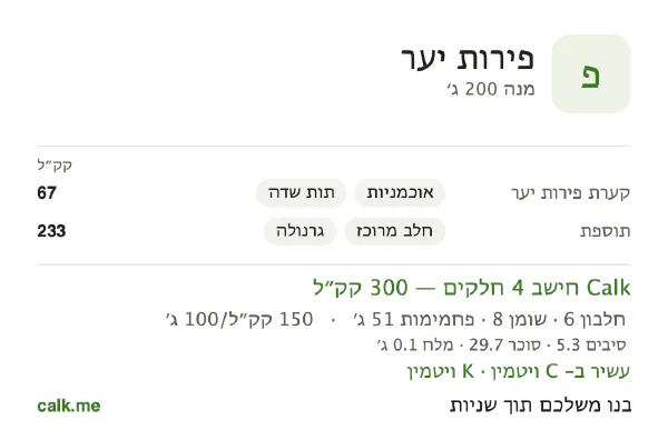 נתוני Calk לפירות יער, בגרסה עם יותר קלוריות: 150 קק״ל ל-100 גרם, חלבון/שומן/פחמימות 8/25/67