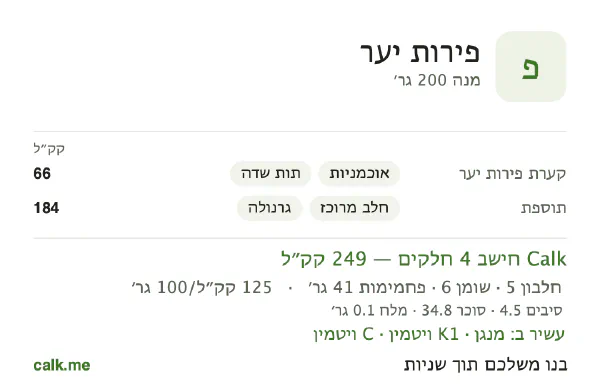 פירות יער ב־Calk, עם יותר קלוריות: 125 קק״ל ל־100 גרם, חלבון/שומן/פחמימות 9/22/69