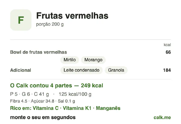 Cartão do Calk para a versão mais calórica de Frutas vermelhas: 125 kcal por 100 g, proteína/gordura/carboidratos 9/22/69