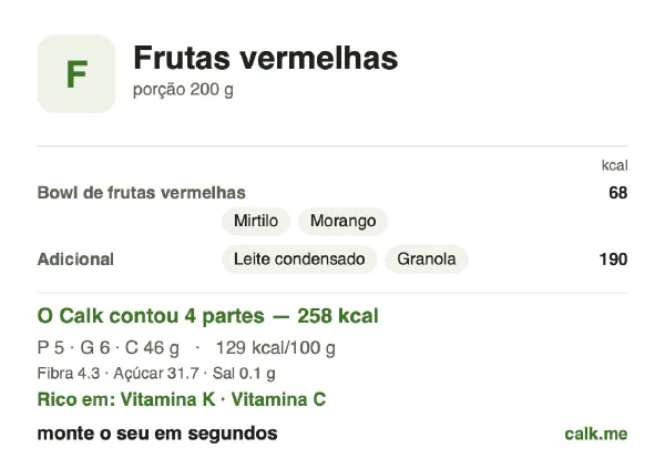 Cartão do Calk para a versão mais calórica de Frutas vermelhas: 129 kcal por 100 g, proteína/gordura/carboidratos 8/21/71