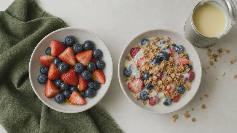 Berry bowl: lower- and higher-calorie Calk versions side by side