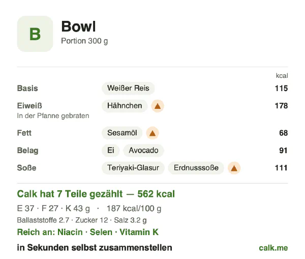 Calk-Karte für die kalorienreichere Variante von Bowl: 187 kcal pro 100 g, Eiweiß/Fett/Kohlenhydrate 26/43/31