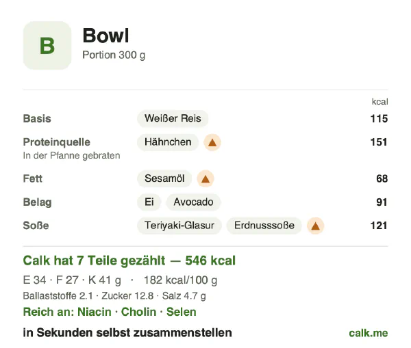 Calk-Karte für die kalorienreichere Variante von Bowl: 182 kcal pro 100 g, Eiweiß/Fett/Kohlenhydrate 25/45/30