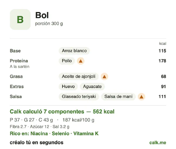 Tarjeta de Calk, versión más calórica de Bowl: 187 kcal por 100 g, proteínas/grasas/carbohidratos 26/43/31