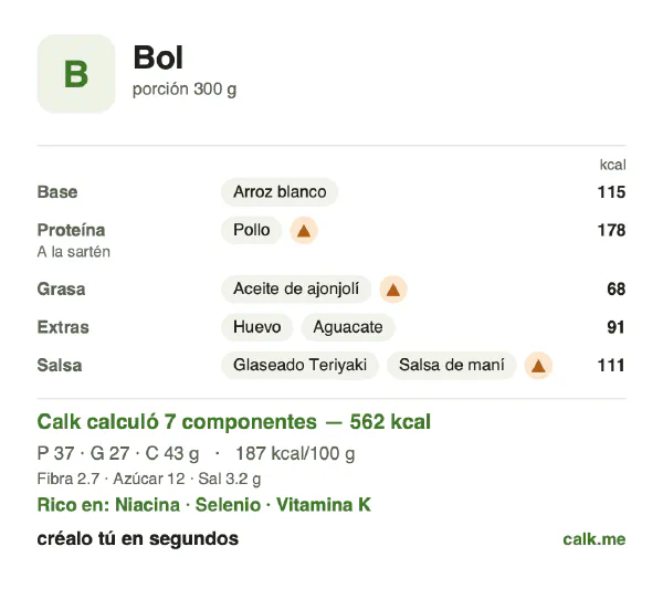 Tarjeta de Calk, versión más calórica de Bowl: 187 kcal por 100 g, proteínas/grasas/carbohidratos 26/43/31