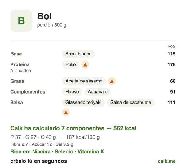 Ficha de Calk, versión más calórica de Bol: 187 kcal por 100 g, proteínas/grasas/hidratos 26/43/31