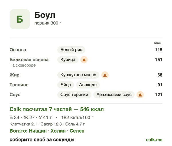 Карточка «Боул» в Calk — более калорийный вариант: 182 ккал на 100 г, белки/жиры/углеводы 25/45/30