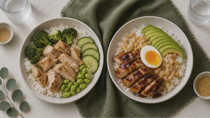Chicken rice bowl: lower- and higher-calorie Calk versions side by side