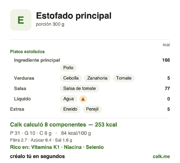 Tarjeta de Calk, versión menos calórica de Guisos: 84 kcal por 100 g, proteínas/grasas/carbohidratos 50/37/13