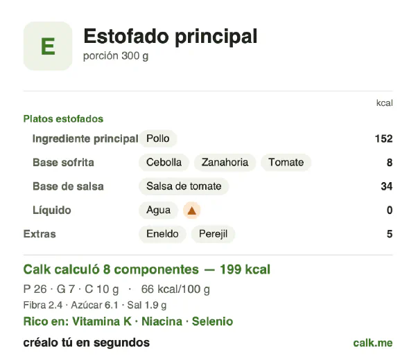 Tarjeta de Calk, versión menos calórica de Guisos: 66 kcal por 100 g, proteínas/grasas/carbohidratos 51/30/19