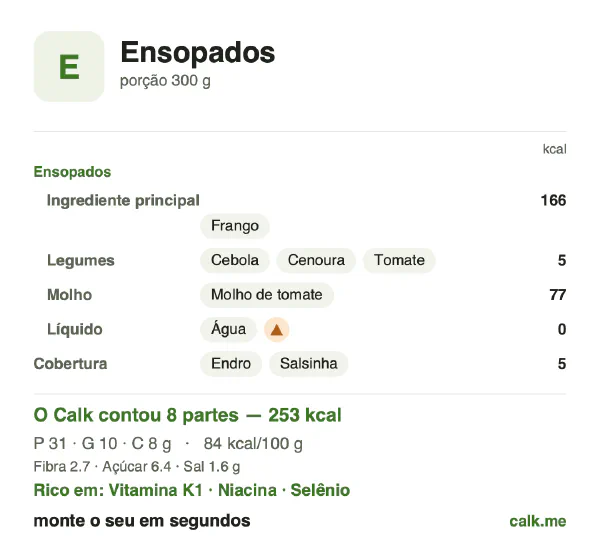 Cartão do Calk para a versão menos calórica de Ensopados: 84 kcal por 100 g, proteína/gordura/carboidratos 50/37/13