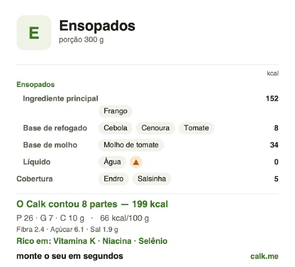 Cartão do Calk para a versão menos calórica de Ensopados: 66 kcal por 100 g, proteína/gordura/carboidratos 51/30/19