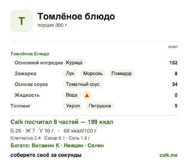 Карточка Calk, менее калорийный вариант Томлёное блюдо: 66 ккал на 100 г, белки/жиры/углеводы 51/30/19