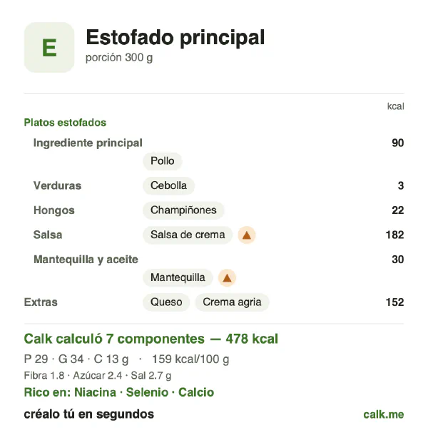 Tarjeta de Calk, versión más calórica de Guisos: 159 kcal por 100 g, proteínas/grasas/carbohidratos 24/65/11