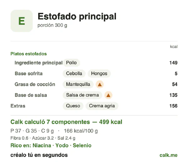 Tarjeta de Calk, versión más calórica de Guisos: 166 kcal por 100 g, proteínas/grasas/carbohidratos 29/63/7