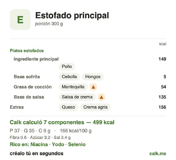 Tarjeta de Calk, versión más calórica de Guisos: 166 kcal por 100 g, proteínas/grasas/carbohidratos 29/63/7