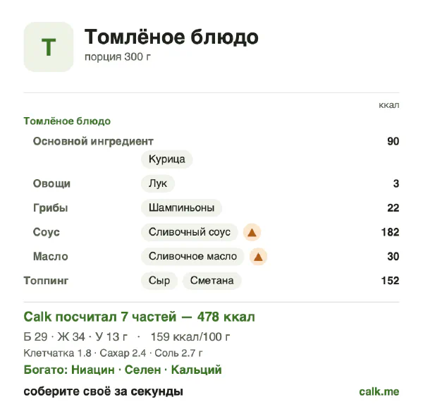 Карточка «Томлёное блюдо» в Calk — более калорийный вариант: 159 ккал на 100 г, белки/жиры/углеводы 24/65/11