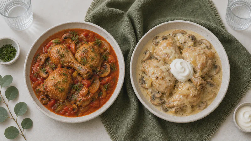 Braised chicken: lower- and higher-calorie Calk versions side by side