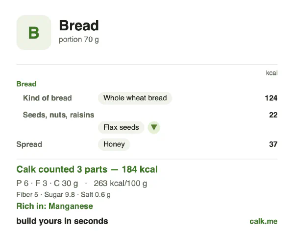 Lower calorie Calk card for Bread: 263 kcal per 100 g, protein/fat/carbs 13/17/69