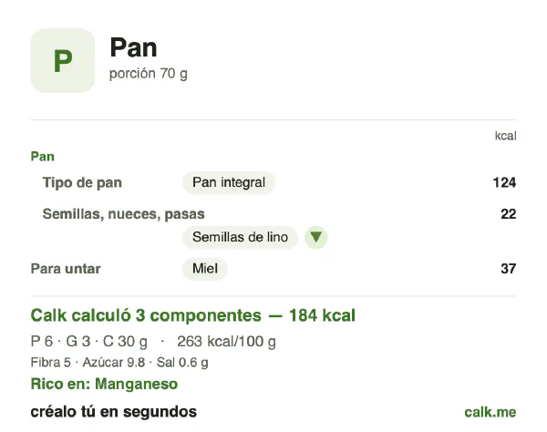 Tarjeta de Calk, versión menos calórica de Pan: 263 kcal por 100 g, proteínas/grasas/carbohidratos 13/17/69
