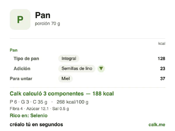 Tarjeta de Calk, versión menos calórica de Pan: 268 kcal por 100 g, proteínas/grasas/carbohidratos 12/13/76