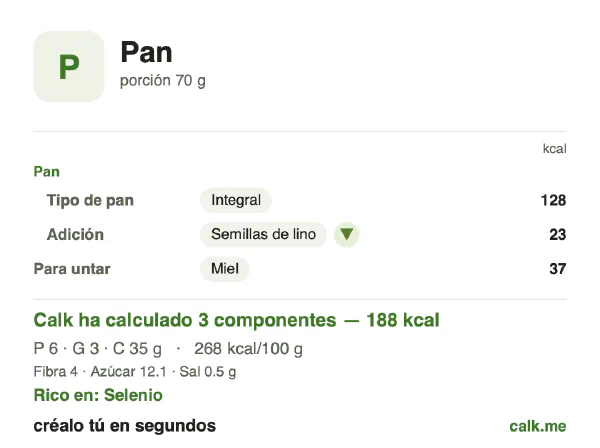 Ficha de Calk, versión menos calórica de Pan: 268 kcal por 100 g, proteínas/grasas/hidratos 12/13/76