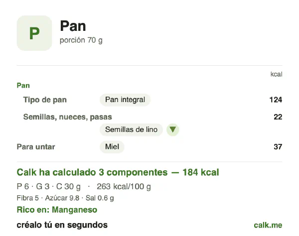 Ficha de Calk, versión menos calórica de Pan: 263 kcal por 100 g, proteínas/grasas/hidratos 13/17/69