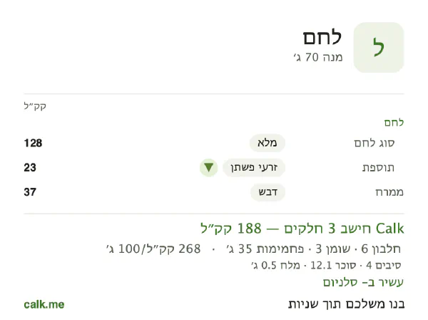 נתוני Calk ללחם, בגרסה עם פחות קלוריות: 268 קק״ל ל-100 גרם, חלבון/שומן/פחמימות 12/13/76