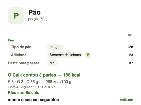 Cartão do Calk para a versão menos calórica de Pão: 268 kcal por 100 g, proteína/gordura/carboidratos 12/13/76