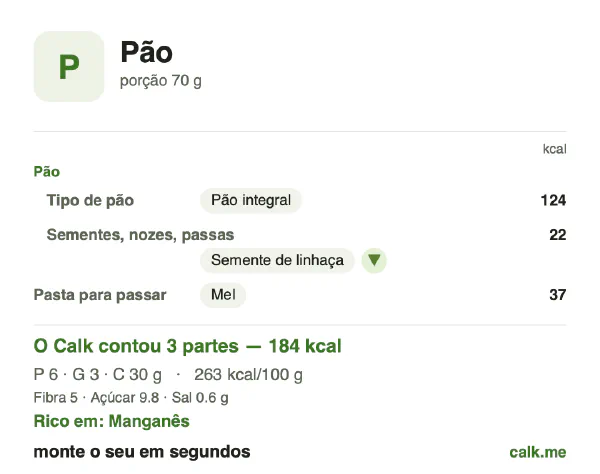 Cartão do Calk para a versão menos calórica de Pão: 263 kcal por 100 g, proteína/gordura/carboidratos 13/17/69