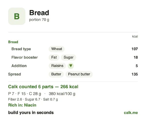 Higher calorie Calk card for Bread: 380 kcal per 100 g, protein/fat/carbs 10/49/41