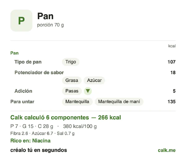 Tarjeta de Calk, versión más calórica de Pan: 380 kcal por 100 g, proteínas/grasas/carbohidratos 10/49/41