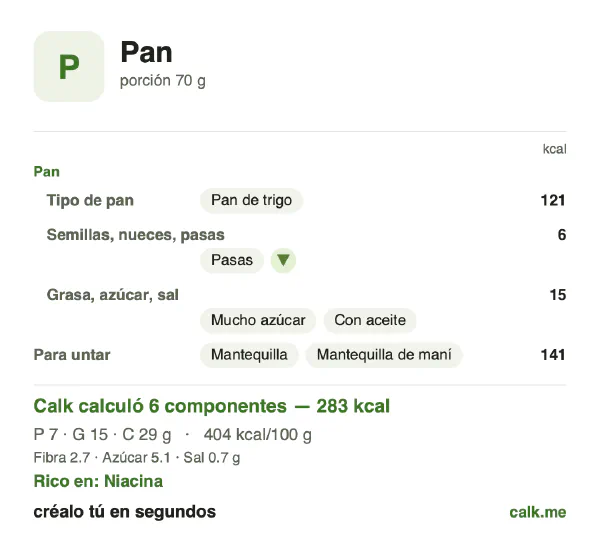 Tarjeta de Calk, versión más calórica de Pan: 404 kcal por 100 g, proteínas/grasas/carbohidratos 10/48/42