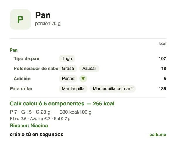 Tarjeta de Calk, versión más calórica de Pan: 380 kcal por 100 g, proteínas/grasas/carbohidratos 10/49/41