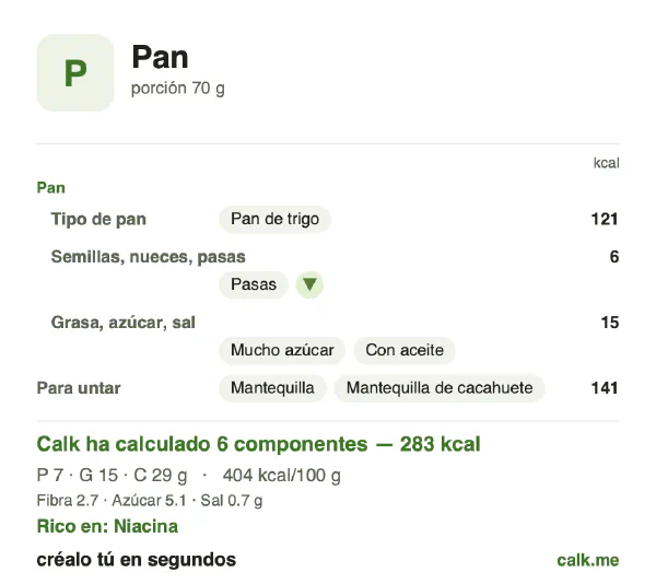 Ficha de Calk, versión más calórica de Pan: 404 kcal por 100 g, proteínas/grasas/hidratos 10/48/42