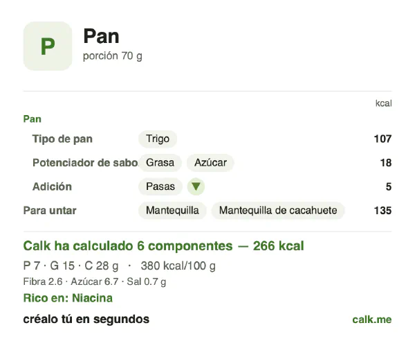 Ficha de Calk, versión más calórica de Pan: 380 kcal por 100 g, proteínas/grasas/hidratos 10/49/41
