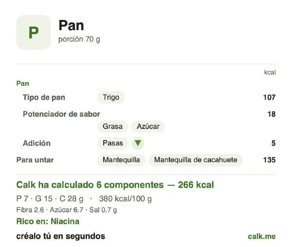 Ficha de Calk, versión más calórica de Pan: 380 kcal por 100 g, proteínas/grasas/hidratos 10/49/41