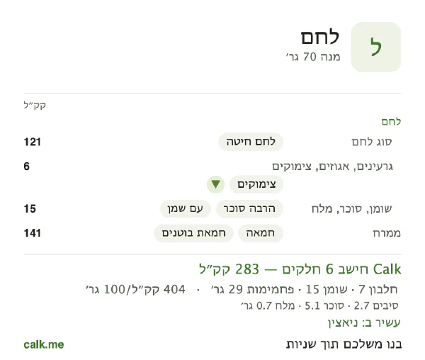 לחם ב־Calk, עם יותר קלוריות: 404 קק״ל ל־100 גרם, חלבון/שומן/פחמימות 10/48/42