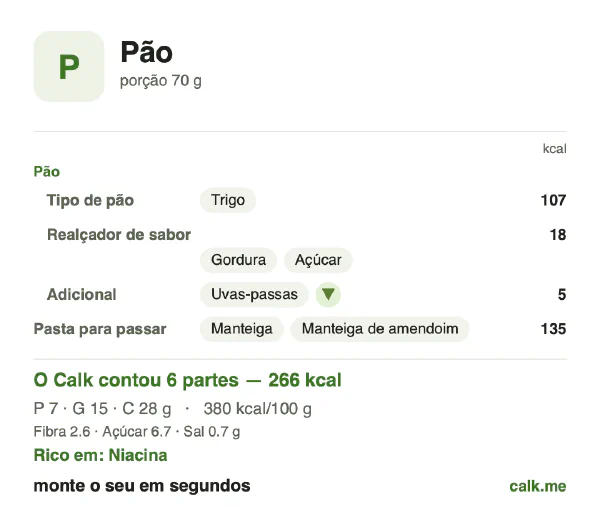 Cartão do Calk para a versão mais calórica de Pão: 380 kcal por 100 g, proteína/gordura/carboidratos 10/49/41