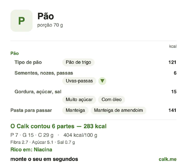 Cartão do Calk para a versão mais calórica de Pão: 404 kcal por 100 g, proteína/gordura/carboidratos 10/48/42