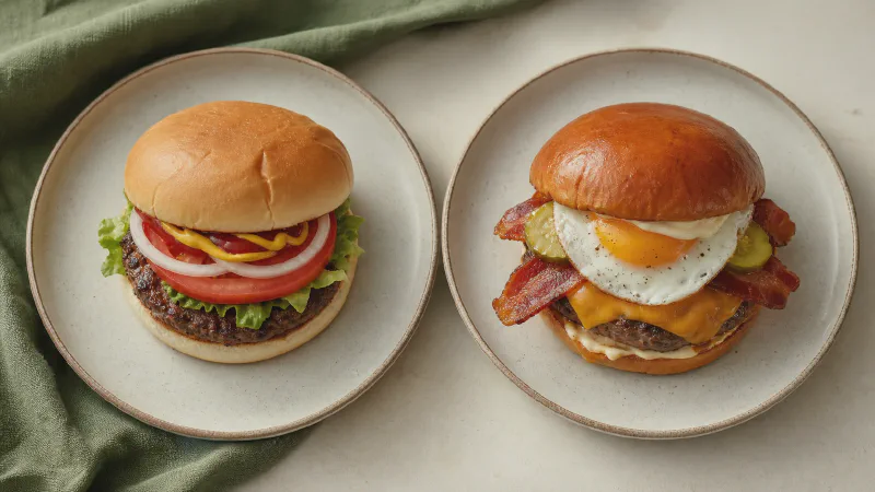 Beef burger: lower- and higher-calorie Calk versions side by side