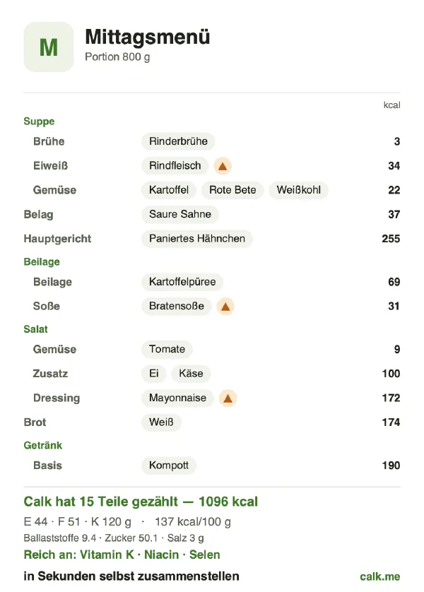 Calk-Karte für die kalorienreichere Variante von Mittagsmenü: 137 kcal pro 100 g, Eiweiß/Fett/Kohlenhydrate 16/41/43