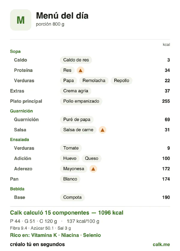 Tarjeta de Calk, versión más calórica de Menú del día: 137 kcal por 100 g, proteínas/grasas/carbohidratos 16/41/43