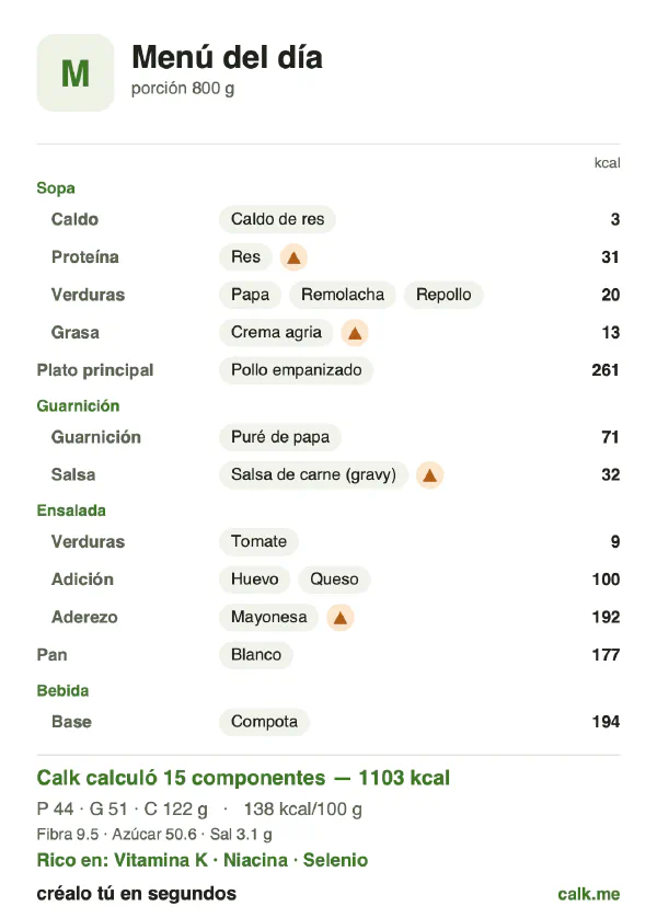 Tarjeta de Calk, versión más calórica de Menú del día: 138 kcal por 100 g, proteínas/grasas/carbohidratos 16/41/43
